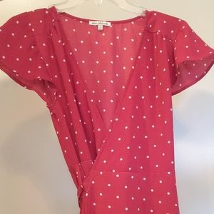 Red Wrap Dress Polka Dots Tie V Neck Cap Sleeve